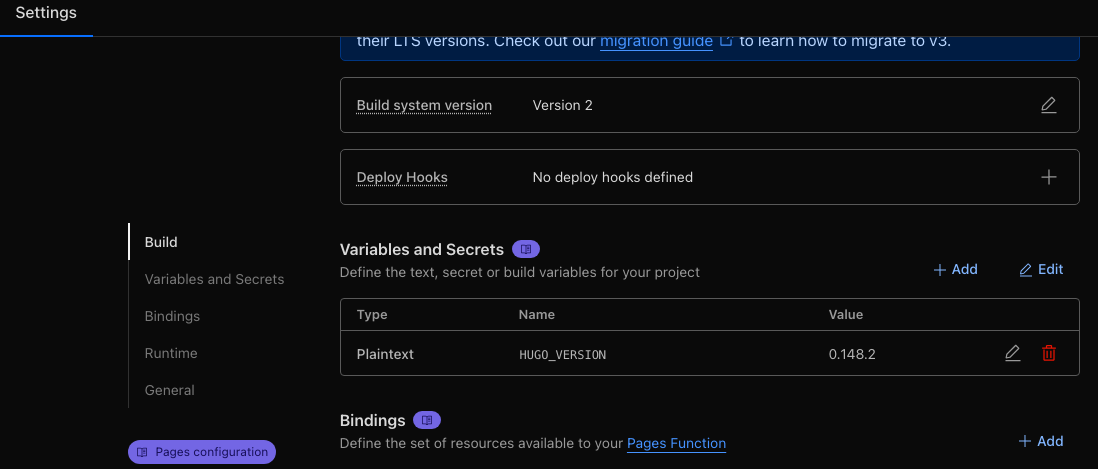 Settings pane showing the Hugo Version as an available variable